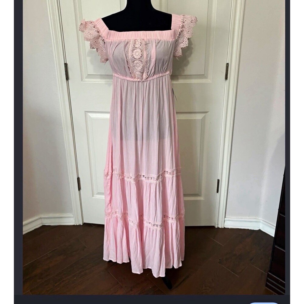 J for Justify Pink Lace Ruffle Off Shoulder Short Sleeve Maxi Dress XL